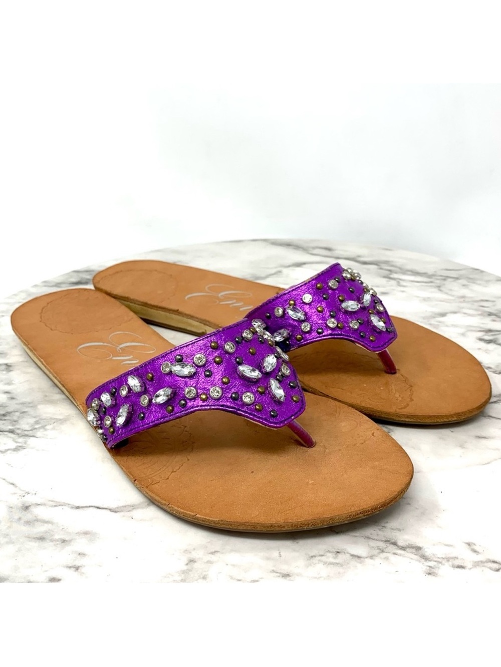 Envy Picnic Purple Rhinestone Stud Flip Flops 7 Boho Resortwear Cruisewear Beach